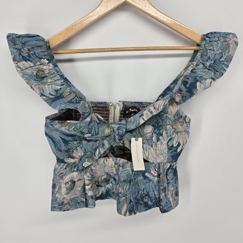 En Saison Anthropologie Richie Top Small Blue Floral Tapestry Ruffle Crop‎ NWT